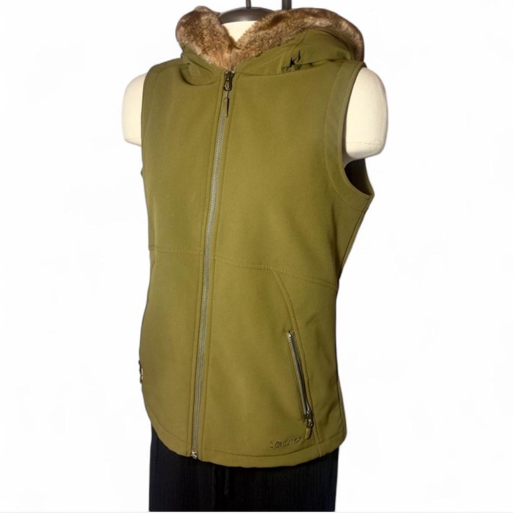 Marmot Furlong Softshell Vest Olive Green Faux Fur Hood Women’s M